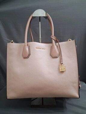 Michael Kors Mercer Hard Pebbled Leather Pink And Cream Tote